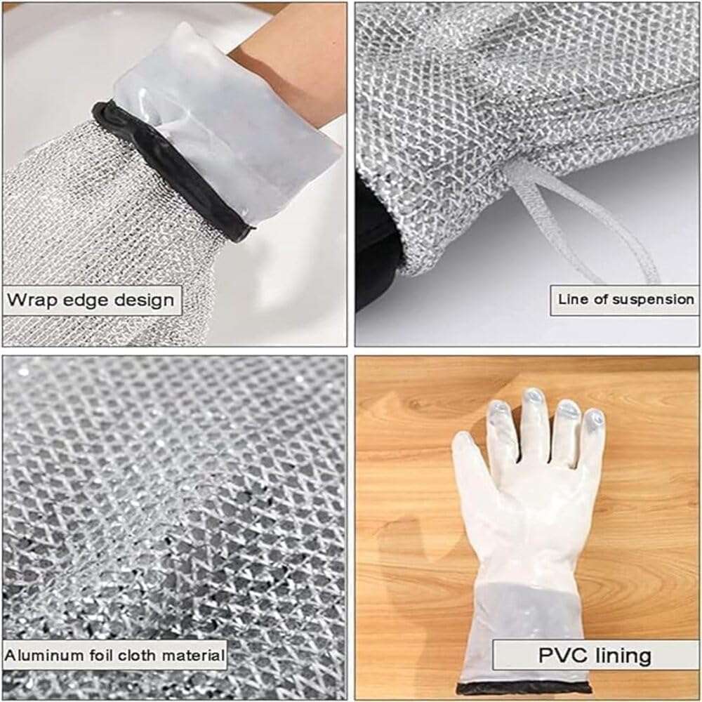 Non Scratch Wire Dishwashing Hand Gloves – Stainless Steel Scrubber Glove for Washing Dishes & Utensils, Machine Washable, Reusable Kitchen Glove Non-Scratch, Multipurpose Cleaning Gloves (2pair)
